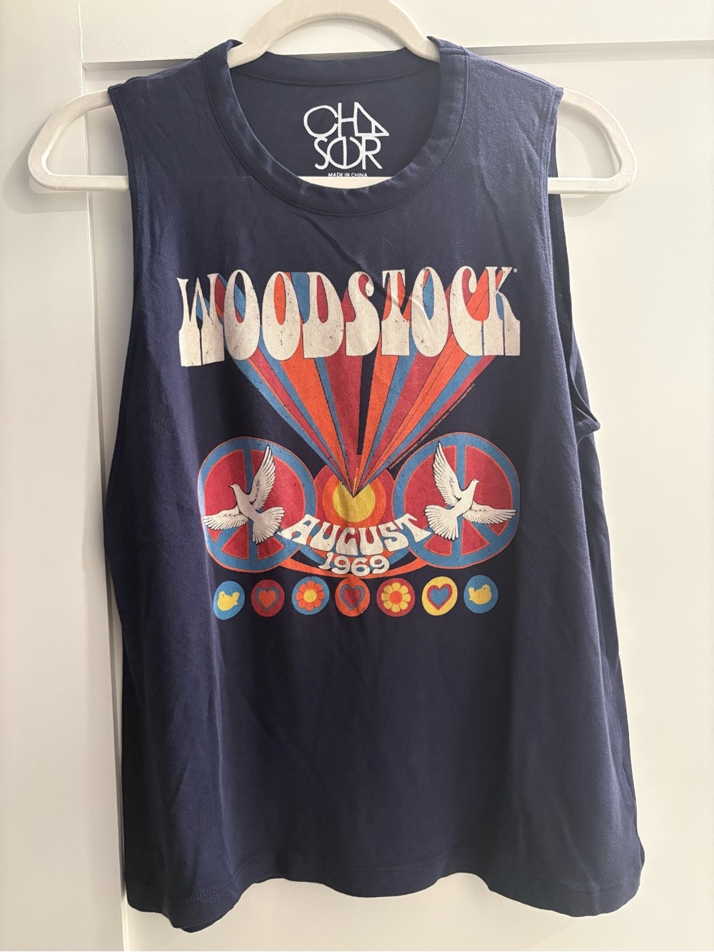 Chaser Woodstock 1969 Graphic Tank Top, NWT, Size Large. Navy. Vintage inspired.